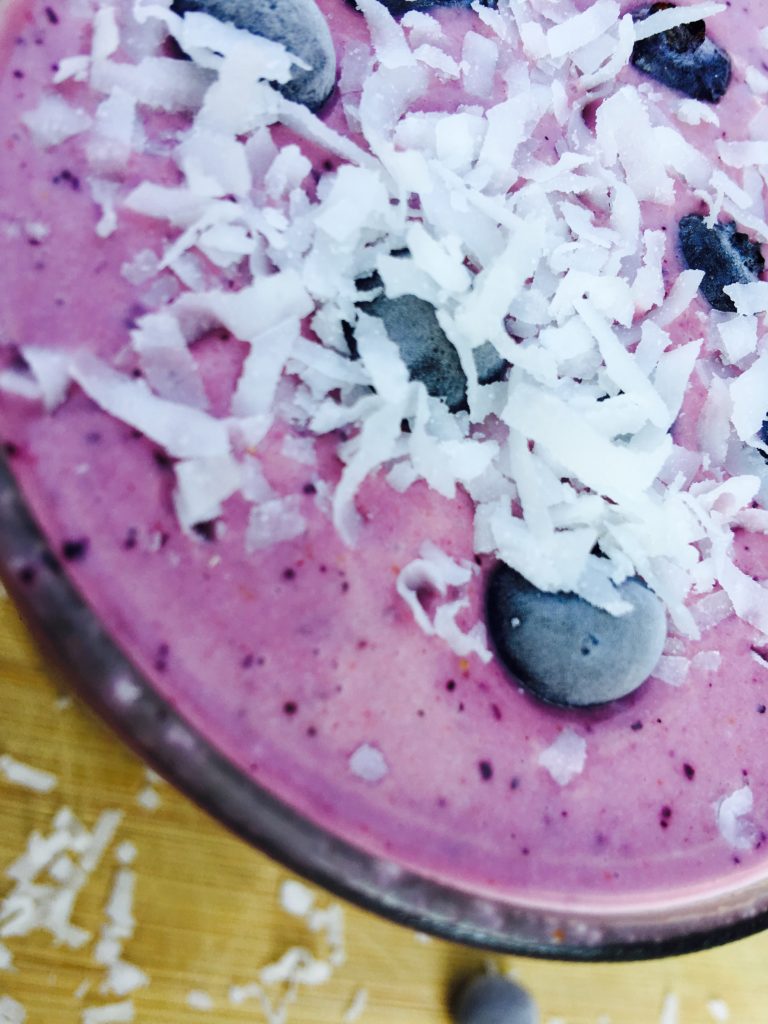 BLUEBERRY COCONUT SMOOTHIE MADE WITH BLISSFUL BLUEBERRY BNUTTY PEANUT BUTTER